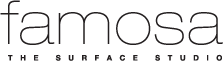 The logo for Famosa features the brand name "famosa" in a sleek, lowercase font, with the tagline "THE SURFACE STUDIO" in uppercase below it.