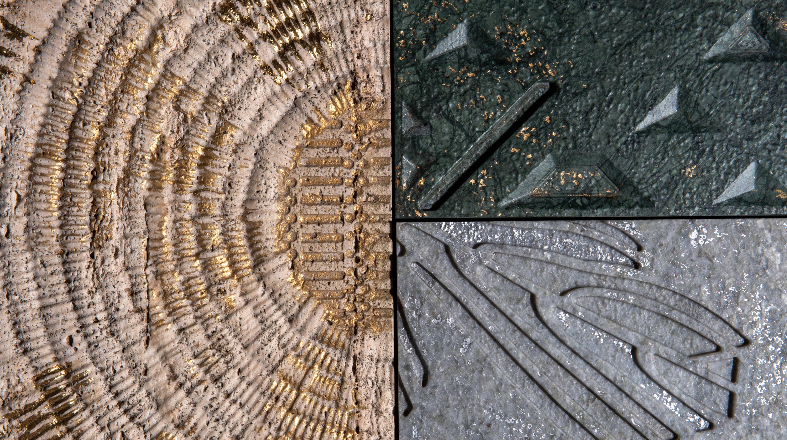 A collage of three textured stone surfaces: one with circular golden patterns, one dark green with geometric shapes, and one gray with leaf-like carvings.