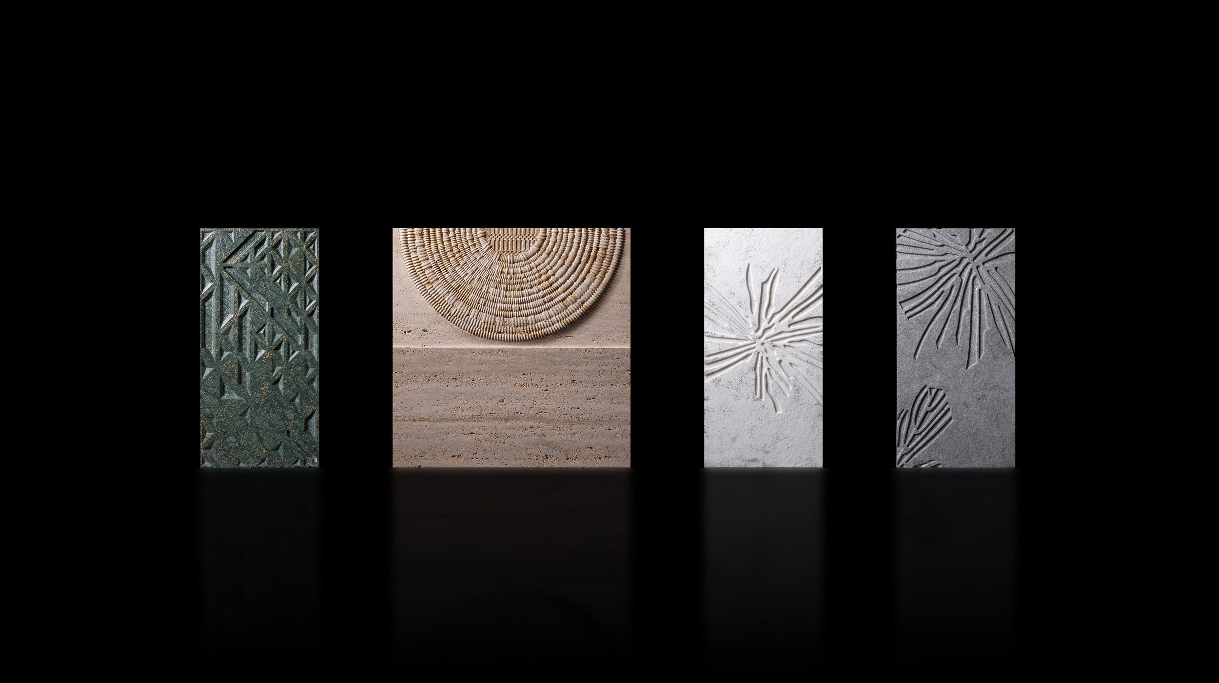 Four vertically aligned textured stone panels against a black background: one green with geometric shapes, one beige with circular patterns, and two gray with abstract designs.