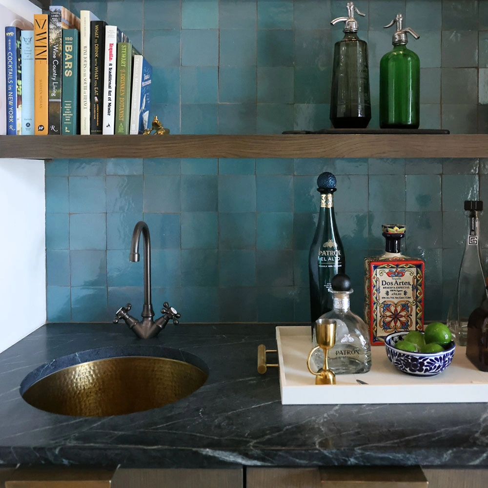 Handcrafted Agave Zellige tile installation featuring handmade Moroccan glazed tile.