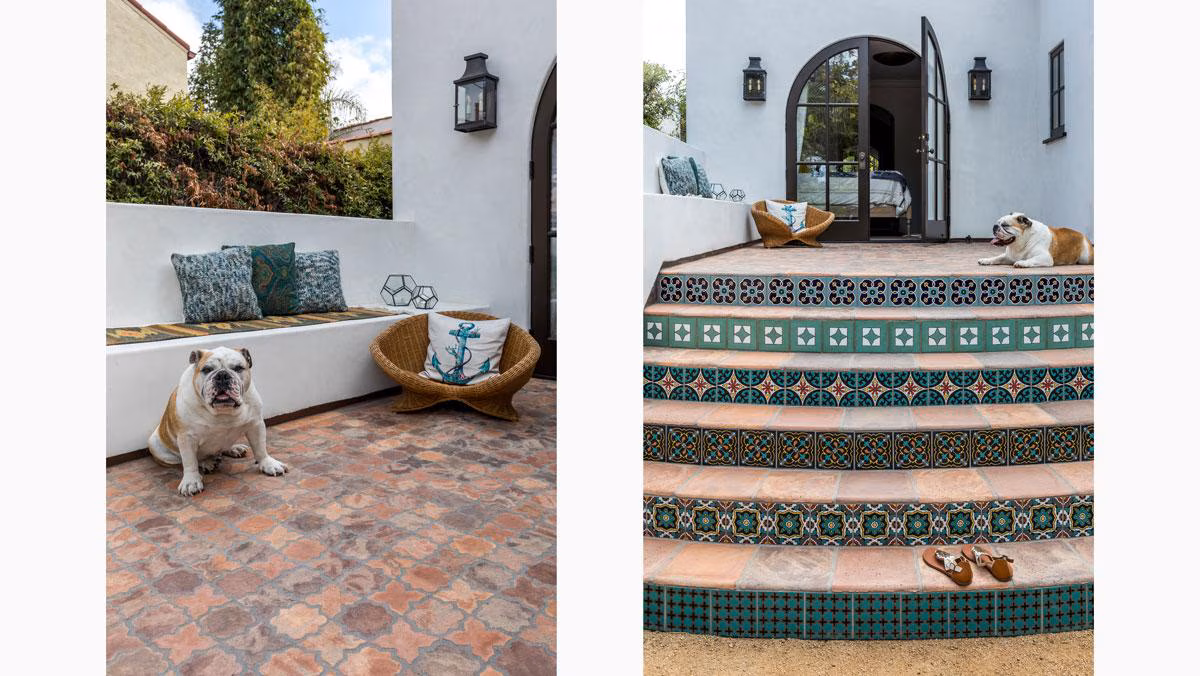 Outdoor courtyard featuring decorative tile staircase and Spanish-inspired tile details in Southern California.