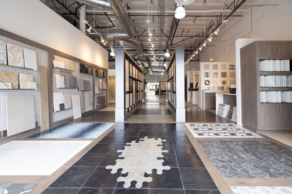 Interior of Famosa Tile's luxury tile and stone showroom in Costa Mesa, California.
