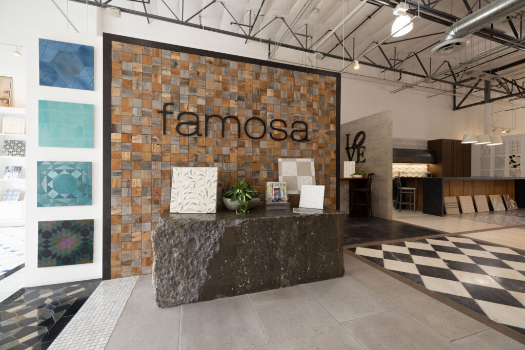 Famosa Tile showroom in Costa Mesa featuring curated tile displays and luxury design inspiration.