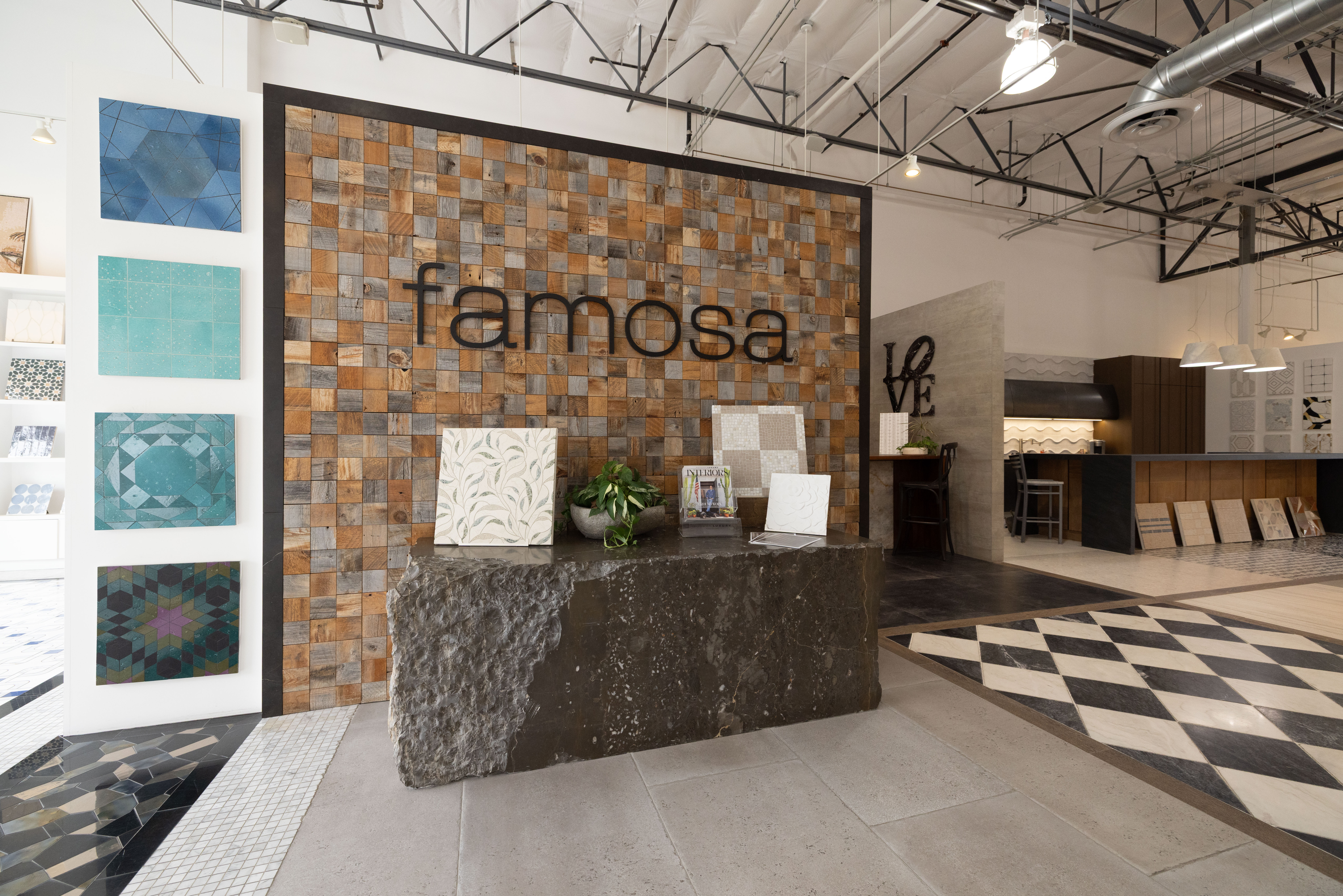 Famosa Tile showroom in Costa Mesa featuring curated tile displays and luxury design inspiration.