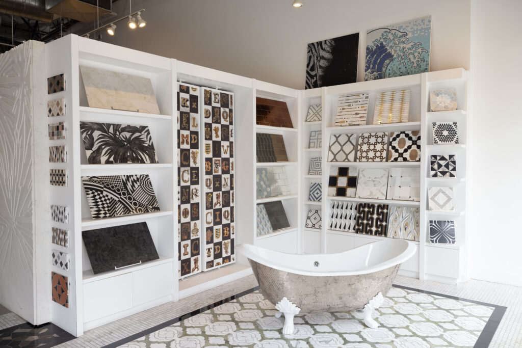 Luxury bathroom display featuring premium tile selections at Famosa Tile showroom in Costa Mesa
