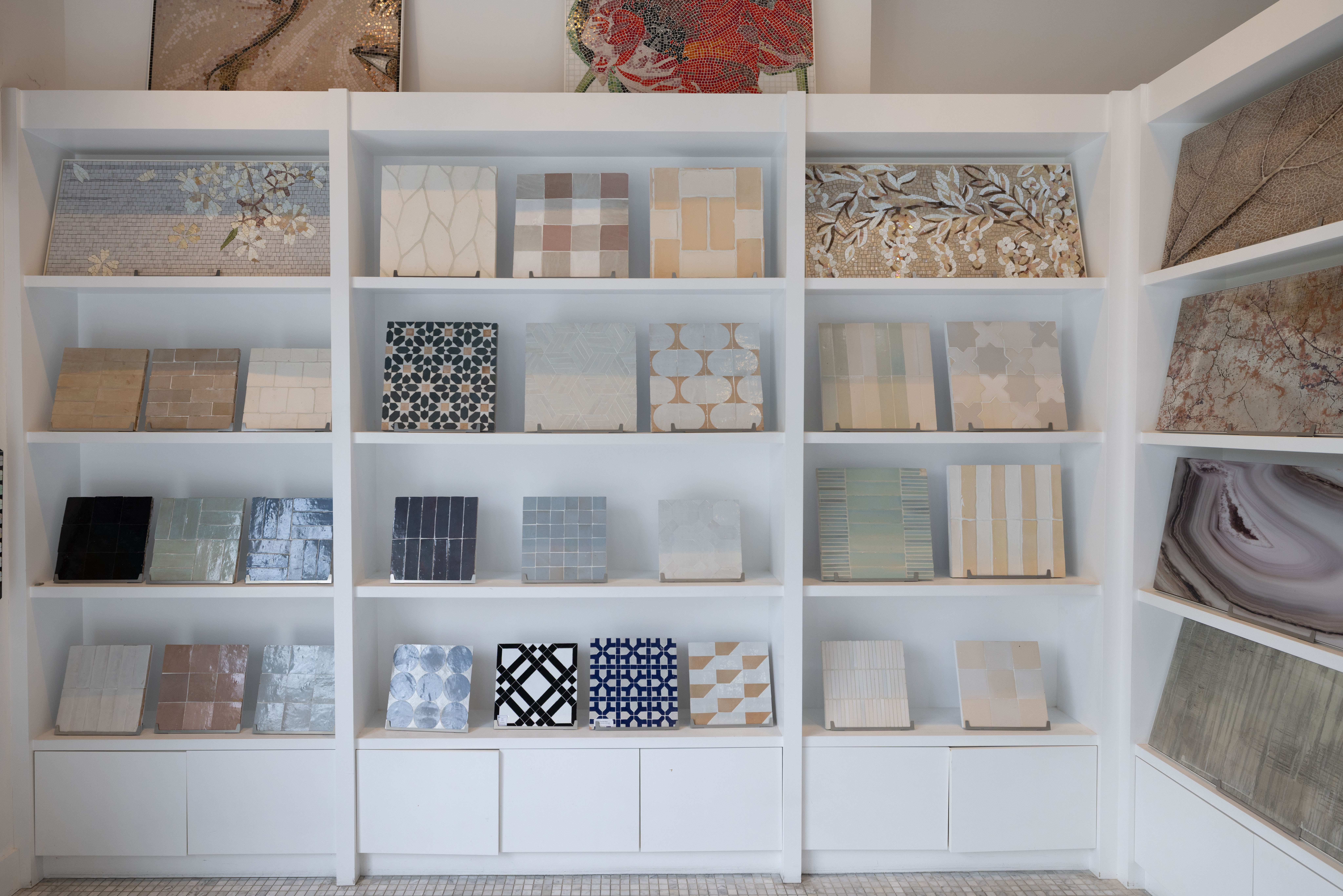 Curated Zellige tile collection displayed at Famosa Tile showroom in Costa Mesa.