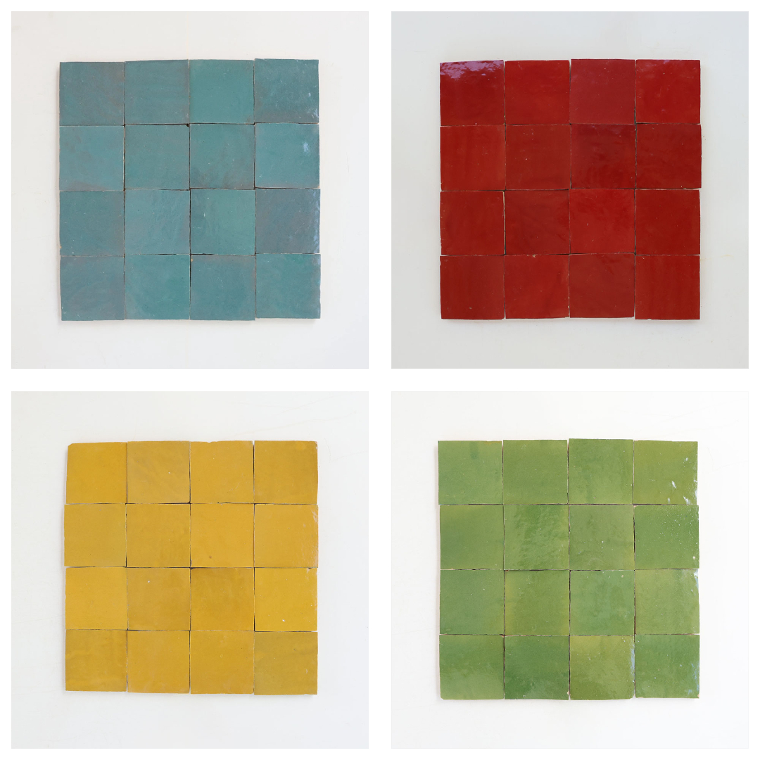 Handcrafted Zellige tile color collection featuring blue, red, yellow, and green Moroccan tile samples.