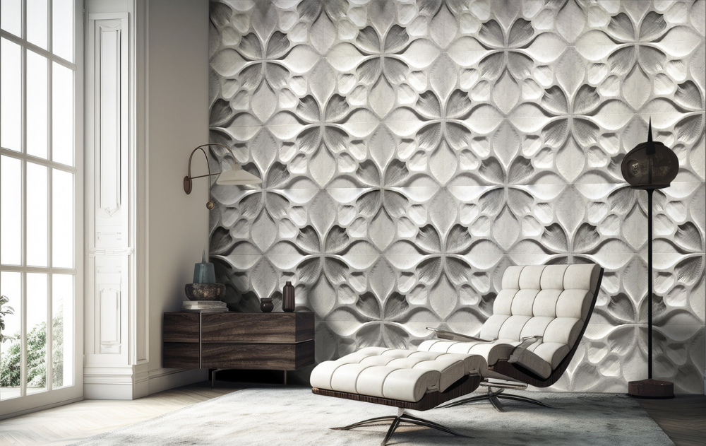 Textured dimensional tile installation displayed in the Famosa Tile showroom in Costa Mesa, showcasing surface depth, handcrafted detail, and contemporary tile design trends.