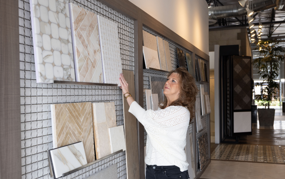 Editorial view of the Famosa Tile showroom in Costa Mesa showcasing curated luxury tile collections for interior designers, architects, and custom home projects.