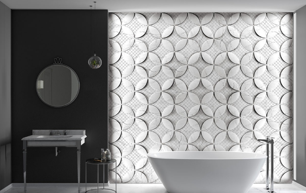 Editorial view of the Famosa Tile showroom in Costa Mesa showcasing curated luxury tile collections and architectural surfaces for designers, architects, builders, and homeowners.