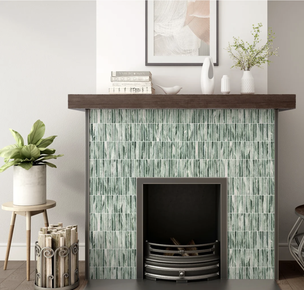 Luxury fireplace surround featuring Famosa Tile's fall 2026 green textured tile collection in a custom residential installation.