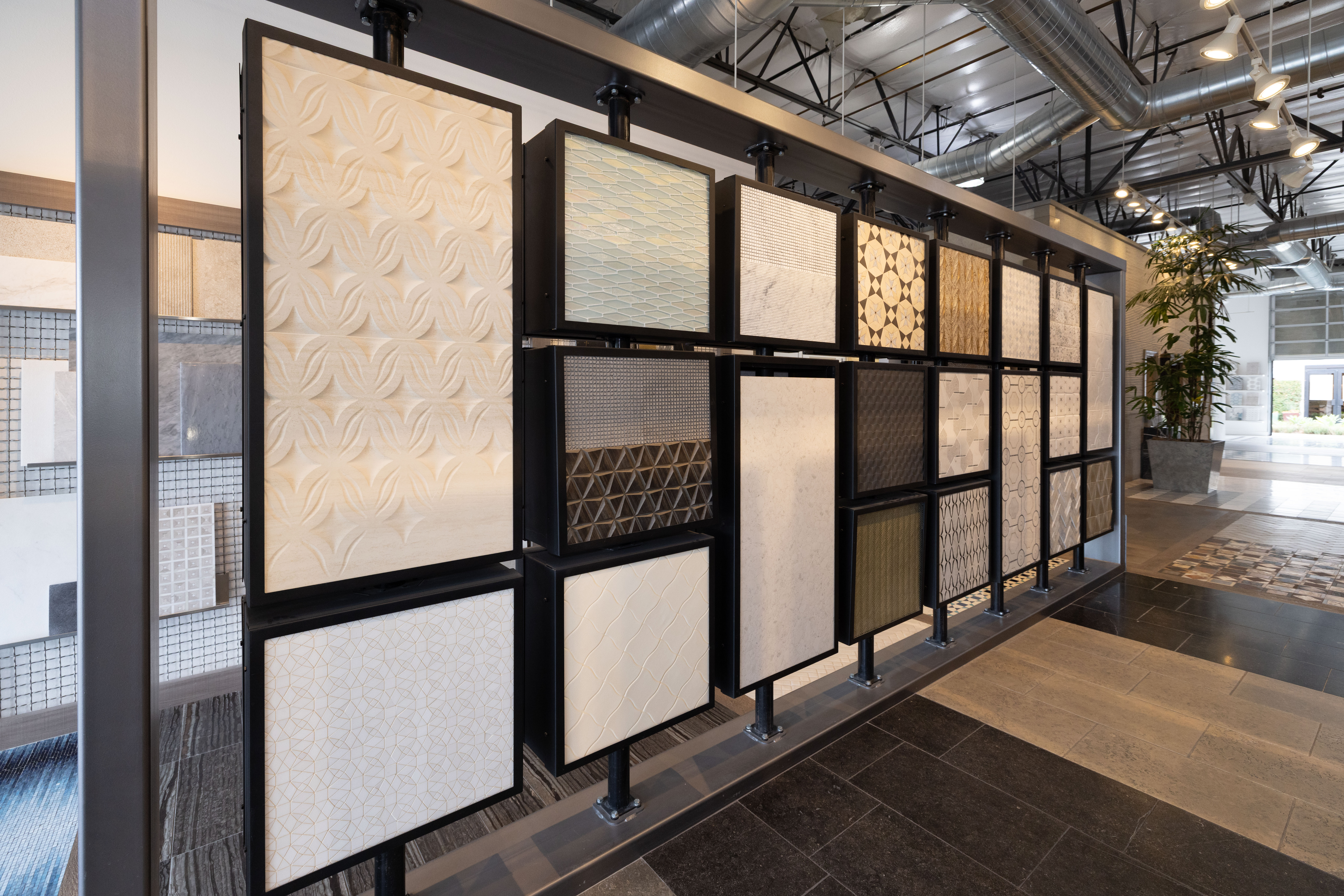 Fall-inspired tile and material display at Famosa Tile showroom