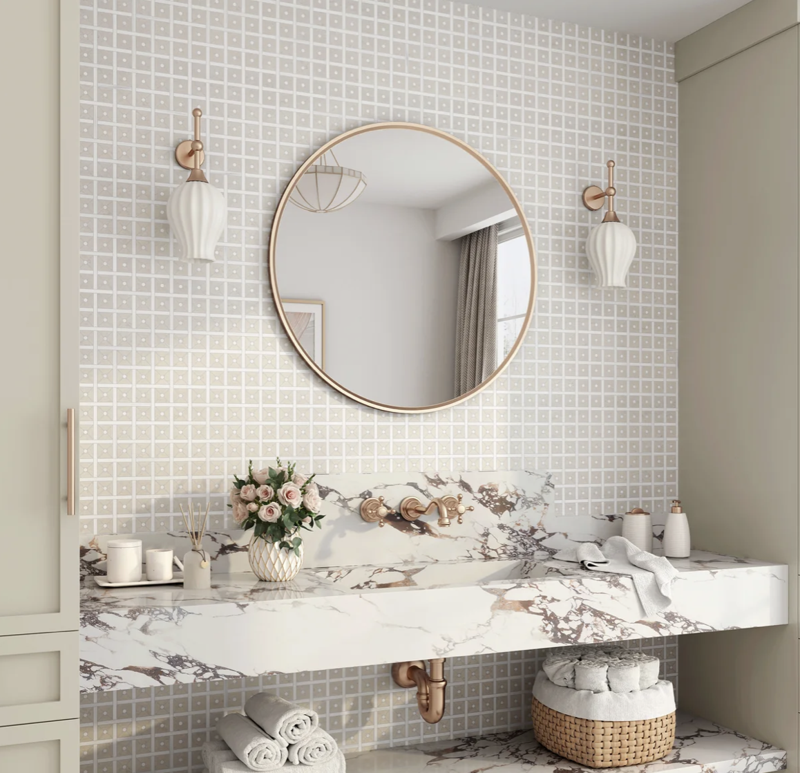 Neutral mosaic tile wall with round mirror in a bathroom
